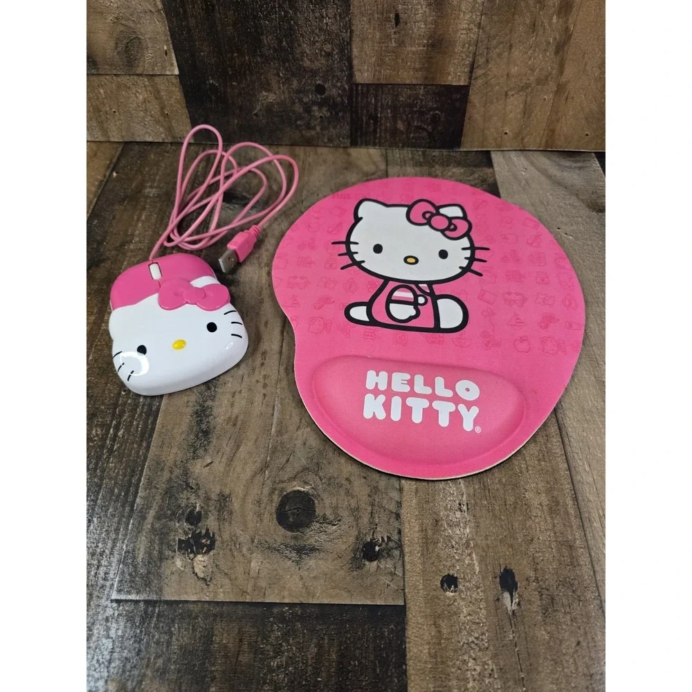 Sanrio Hello Kitty Wired Optical Mouse and Ergonomic Wrist Rest Mouse Pad Pink